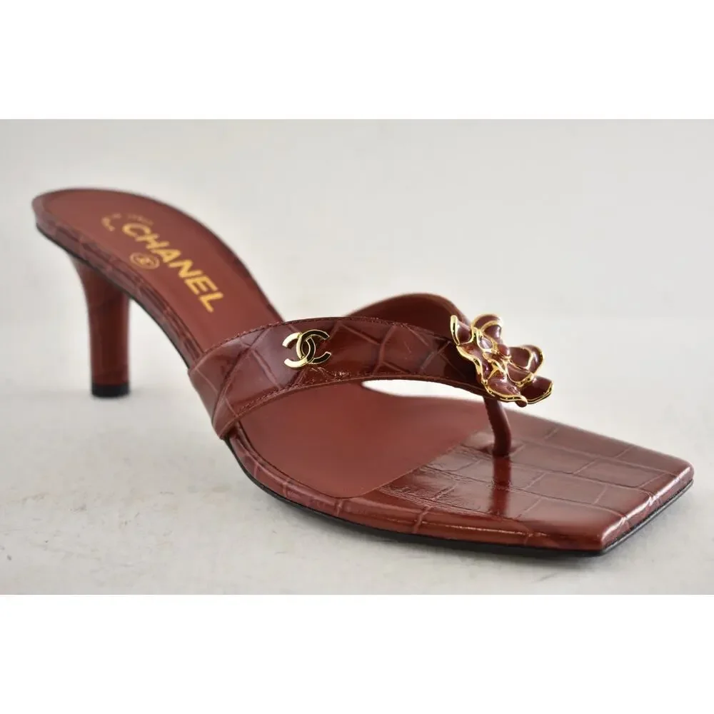 Chanel 26A Dark Red Crocodile Croc CC Flower Backless Mule Heel Thong Sandal 40